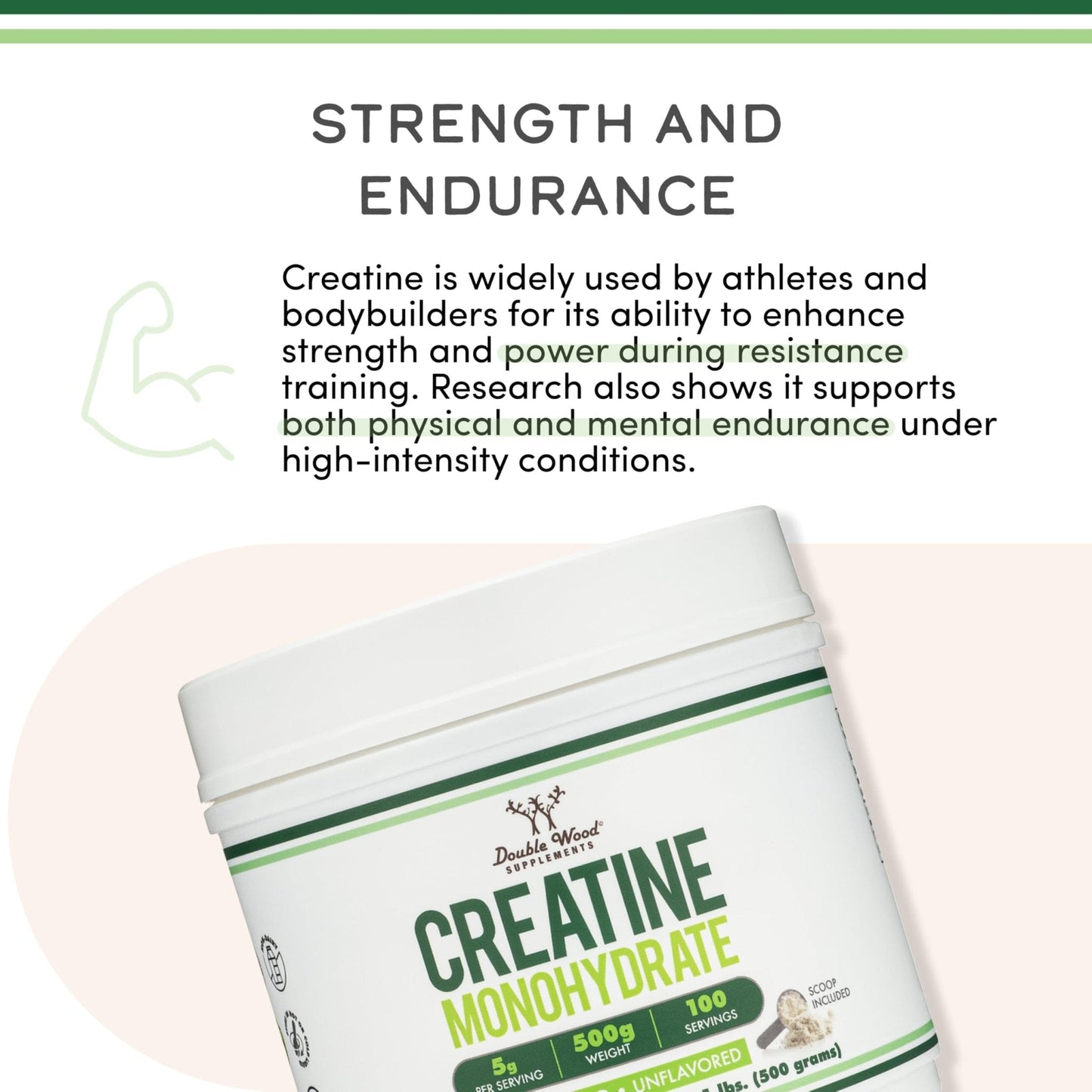 Creatine Monohydrate Powder 1.1lbs (100 Servings of 5 Grams Each) - No Fillers, Vegan Safe, Non-GMO, Gluten Free by Double Wood - PrimeBioHealth - canada supplements