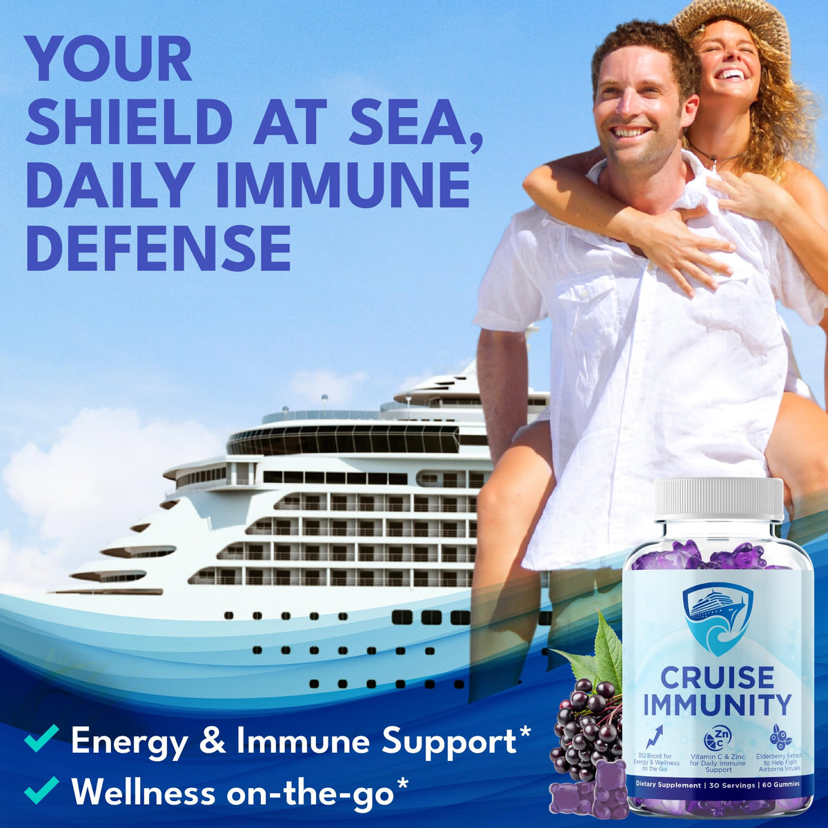 CRUISE IMMUNITY Immune Support Gummies for Cruisers with Vitamin C, B12, Zinc, Elderberry Extract, 60 Gummies, 30 Servings - PrimeBioHealth - canada supplements