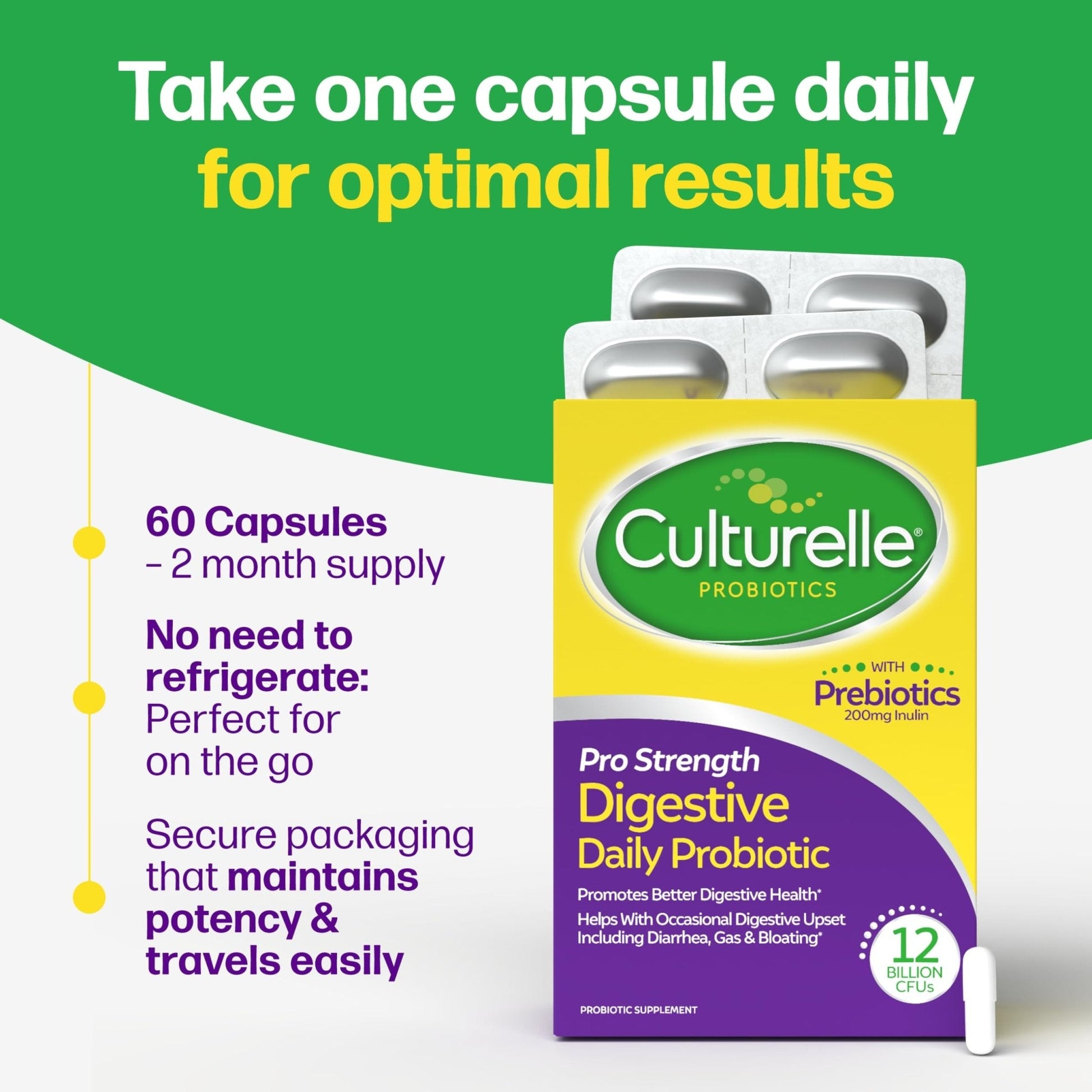 Culturelle Pro Strength Daily Probiotics For Digestive Health (2 Month Supply) with Prebiotics for Women & Men, Supports Occasional Diarrhea - PrimeBioHealth - canada supplements