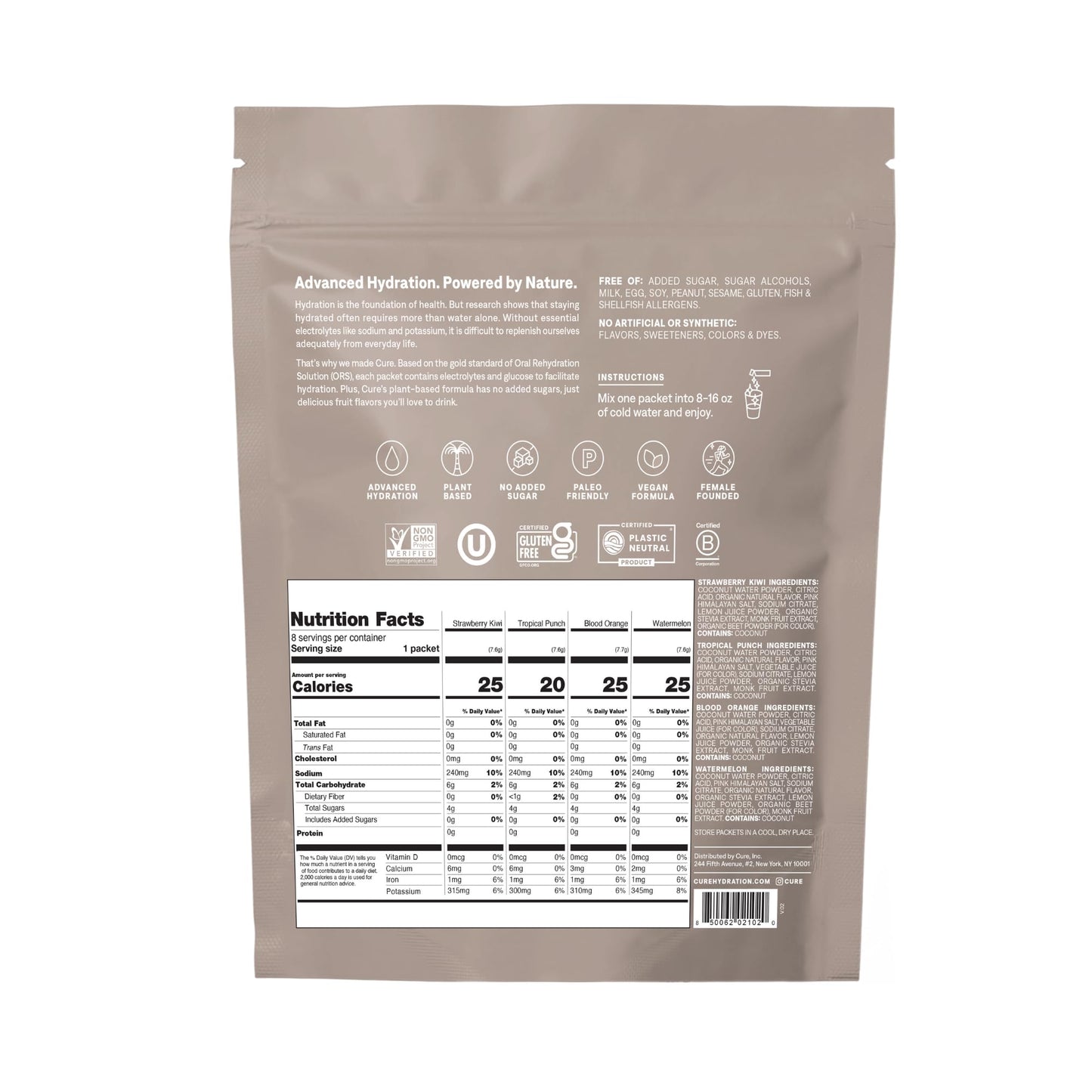 Cure Hydration | Plant-Based Electrolyte Drink Mix | No Added Sugar | FSA-HSA | Dehydration Relief Powder Made with Coconut Water | Non-GMO | Vegan - PrimeBioHealth - canada supplements