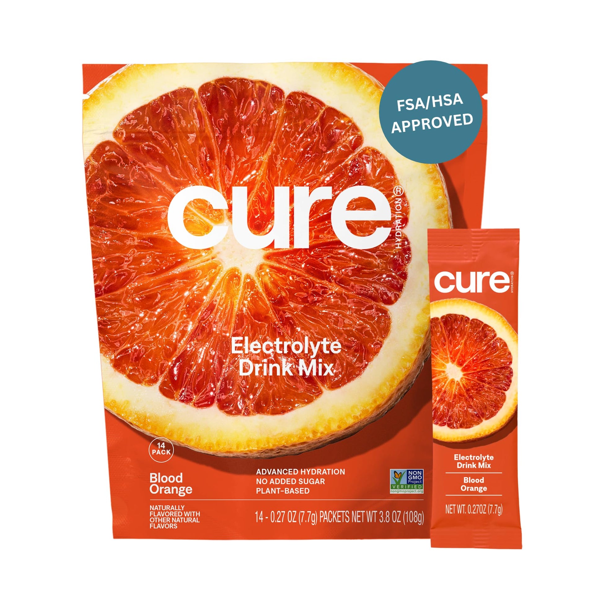 Cure Hydration | Plant-Based Electrolyte Drink Mix | No Added Sugar | FSA-HSA | Dehydration Relief Powder Made with Coconut Water | Non-GMO | Vegan | Pouch of 14 Packets - Blood Orange - PrimeBioHealth - canada supplements