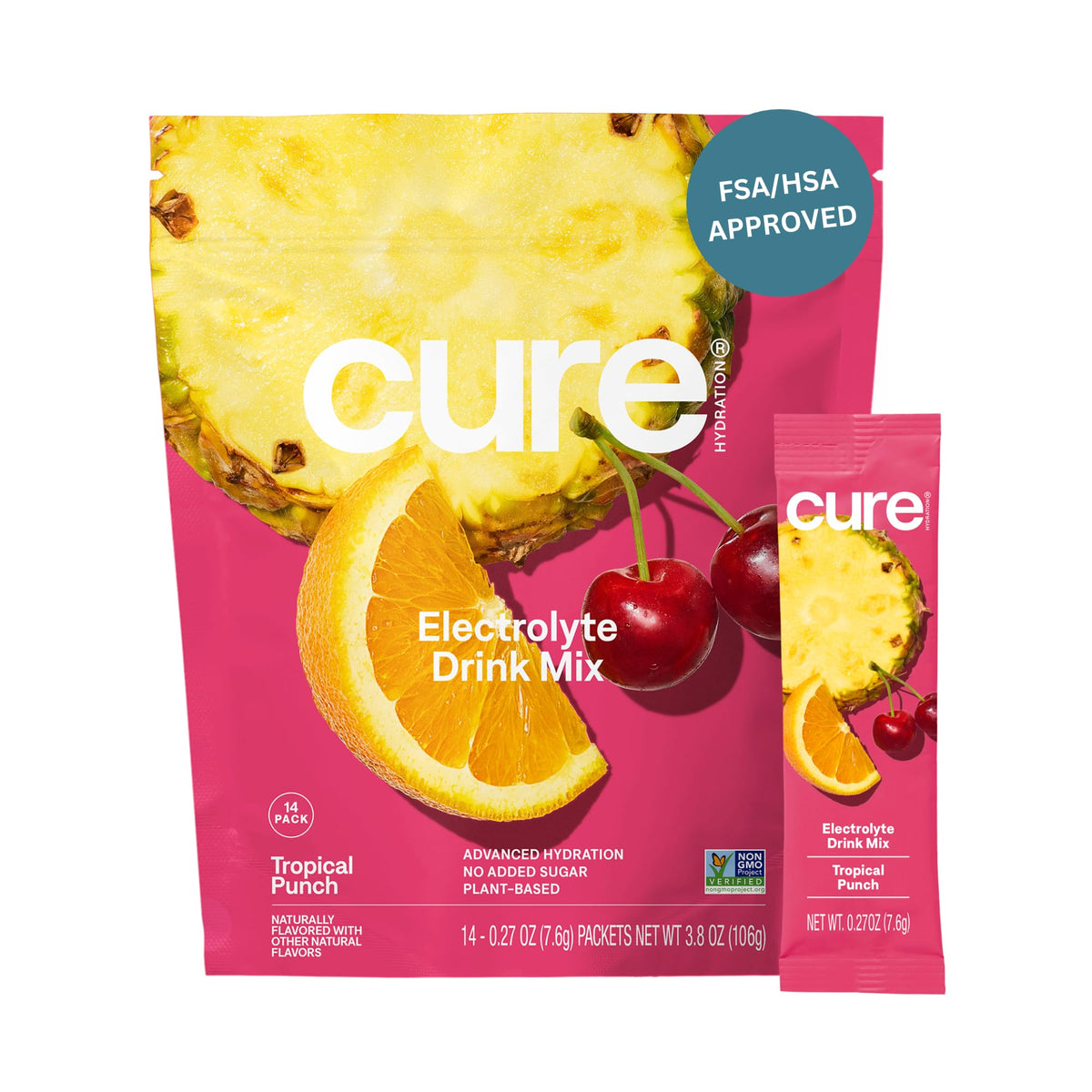 Cure Hydration | Plant-Based Electrolyte Drink Mix | No Added Sugar | FSA-HSA | Dehydration Relief Powder Made with Coconut Water | Non-GMO | Vegan | Pouch of 14 Packets - Tropical Punch - PrimeBioHealth - canada supplements