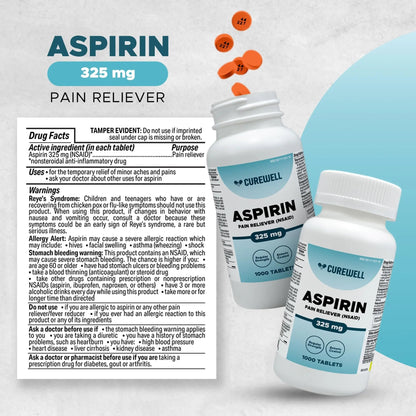 CUREWELL Enteric Coated Aspirin Tablets 325mg (1000 Count) NSAID Pain Reliever & Fever Reducer Coated Aspirin for Adults - Regular Strength for Headache Arthritis Menstrual & Muscle Pain - PrimeBioHealth - canada supplements