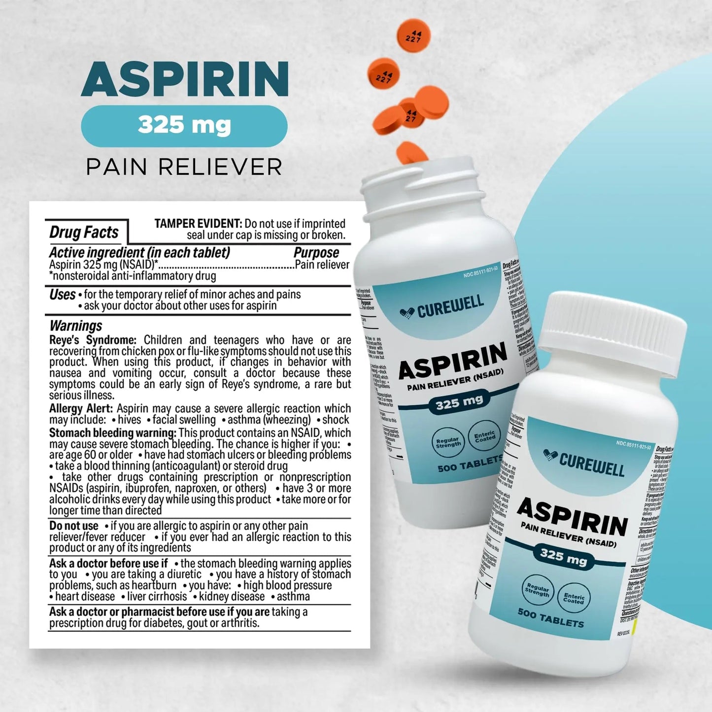 CUREWELL Enteric Coated Aspirin Tablets 325mg (500 Count) NSAID Pain Reliever & Fever Reducer Coated Aspirin for Adults - Regular Strength for Headache Arthritis Menstrual & Muscle Pain - PrimeBioHealth - canada supplements
