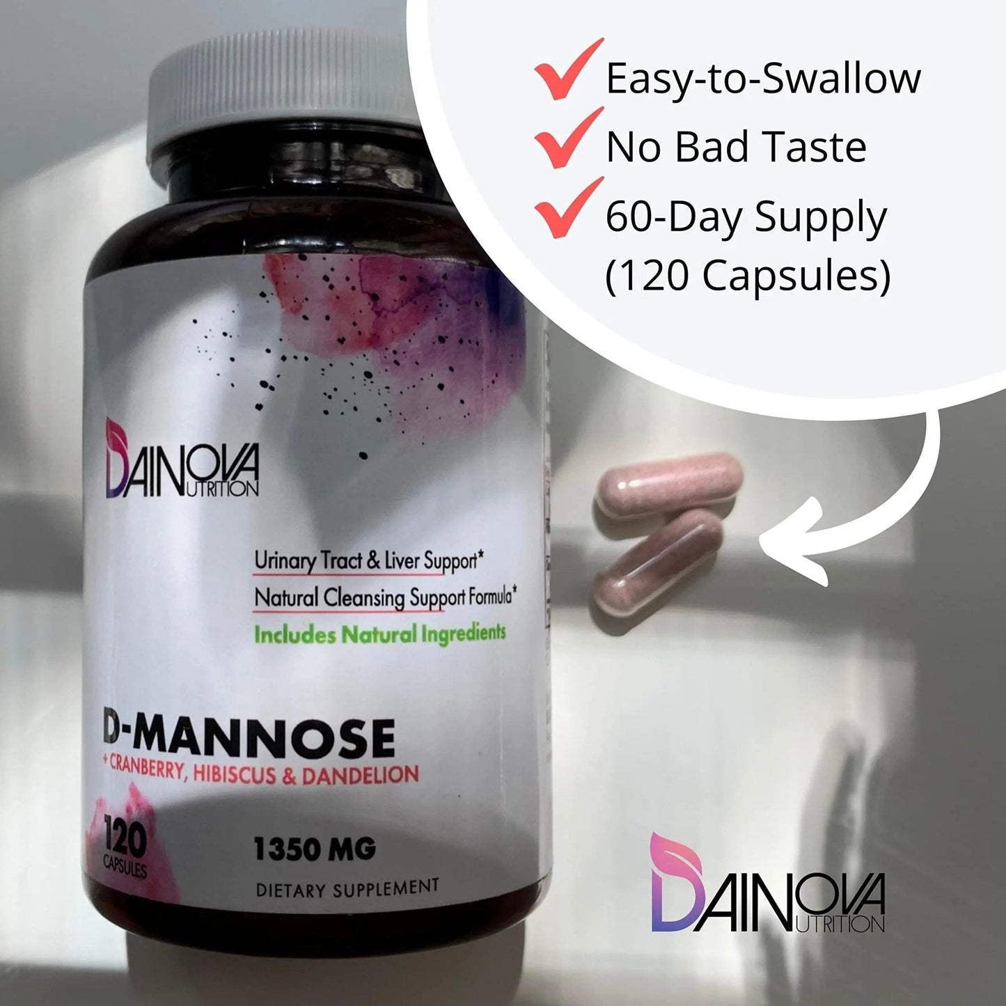 Dainova D Mannose 1350mg with Cranberry I D-Mannose Capsules for UTI Prevention, Urinary Tract Support, Urinary Tract Health for Women, & Cleanse. W/Hibiscus & Dandelion, 120 Veggie Capsules - PrimeBioHealth - canada supplements