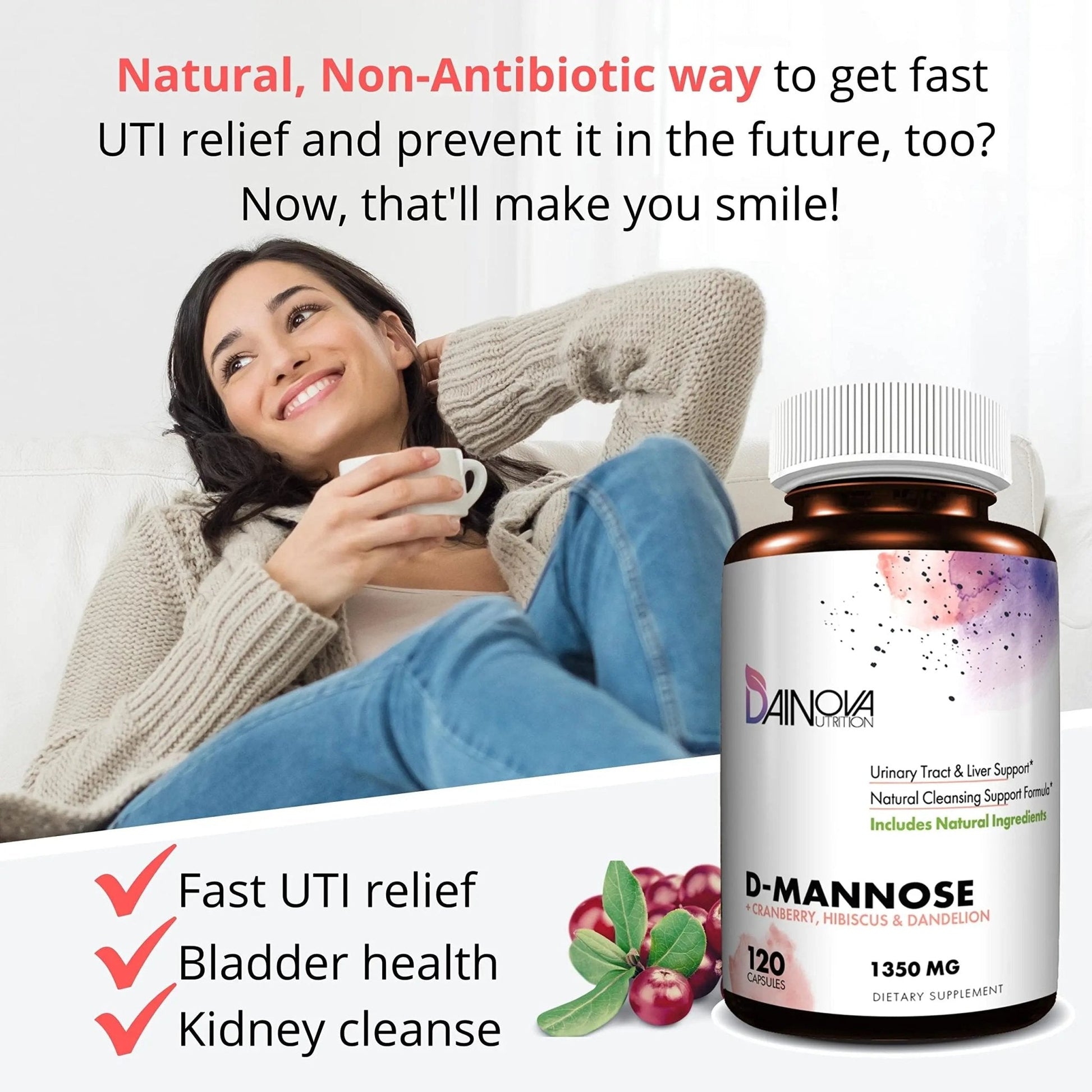Dainova D Mannose 1350mg with Cranberry I D-Mannose Capsules for UTI Prevention, Urinary Tract Support, Urinary Tract Health for Women, & Cleanse. W/Hibiscus & Dandelion, 120 Veggie Capsules - PrimeBioHealth - canada supplements