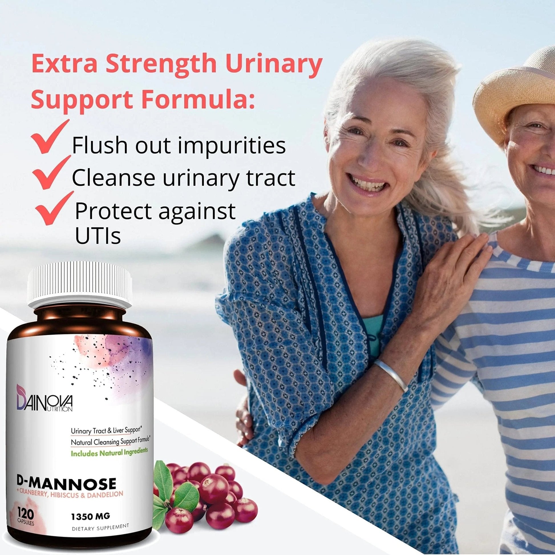 Dainova D Mannose 1350mg with Cranberry I D-Mannose Capsules for UTI Prevention, Urinary Tract Support, Urinary Tract Health for Women, & Cleanse. W/Hibiscus & Dandelion, 120 Veggie Capsules - PrimeBioHealth - canada supplements