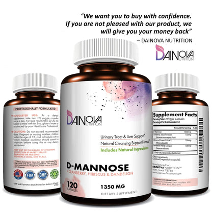 Dainova D Mannose 1350mg with Cranberry I D-Mannose Capsules for UTI Prevention, Urinary Tract Support, Urinary Tract Health for Women, & Cleanse. W/Hibiscus & Dandelion, 120 Veggie Capsules - PrimeBioHealth - canada supplements