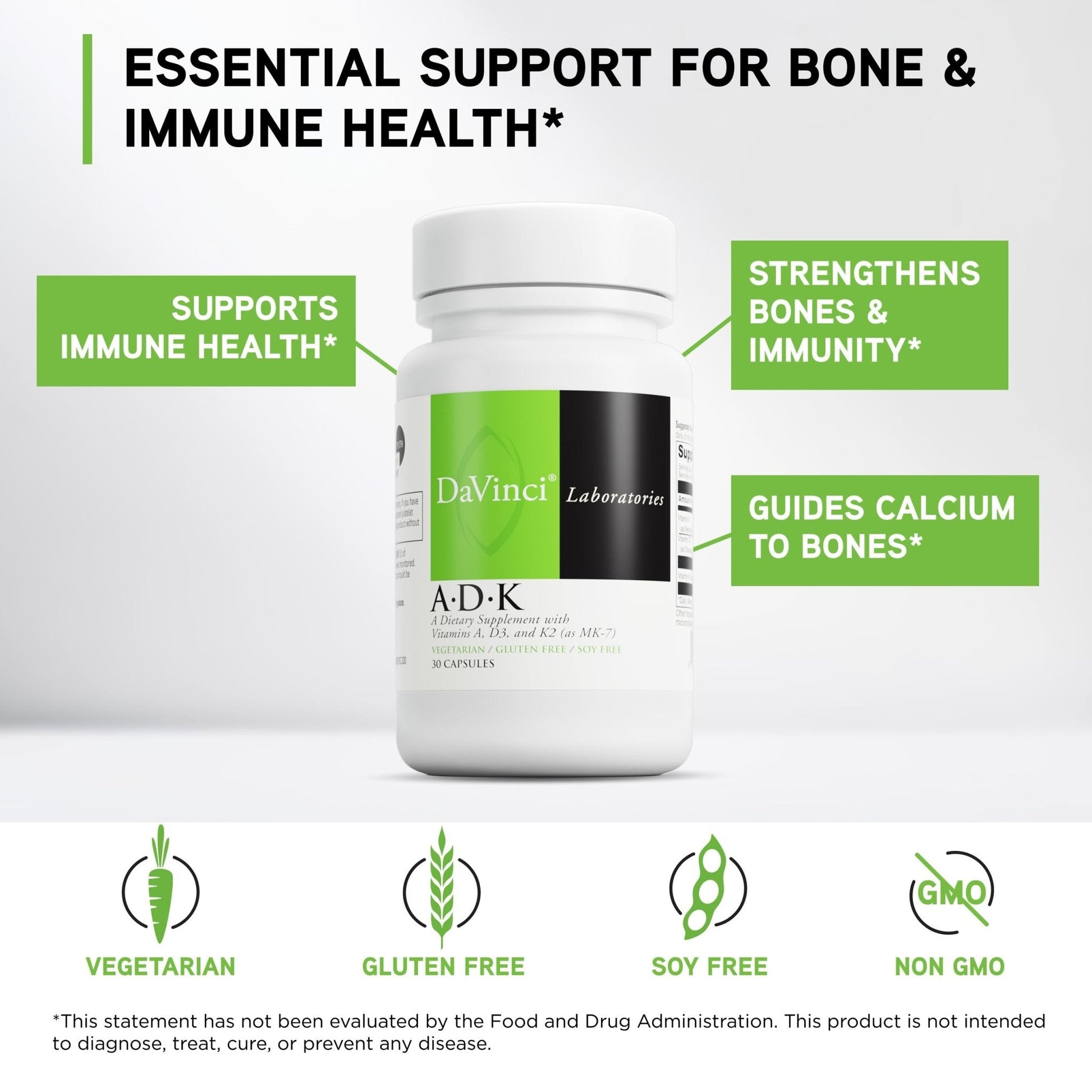 DAVINCI Labs ADK - Helps Support Bone, Heart & Immune Health - Dietary Supplement with Vitamins A, D3 & K2 (as MK-7) - Vegetarian - PrimeBioHealth - canada supplements