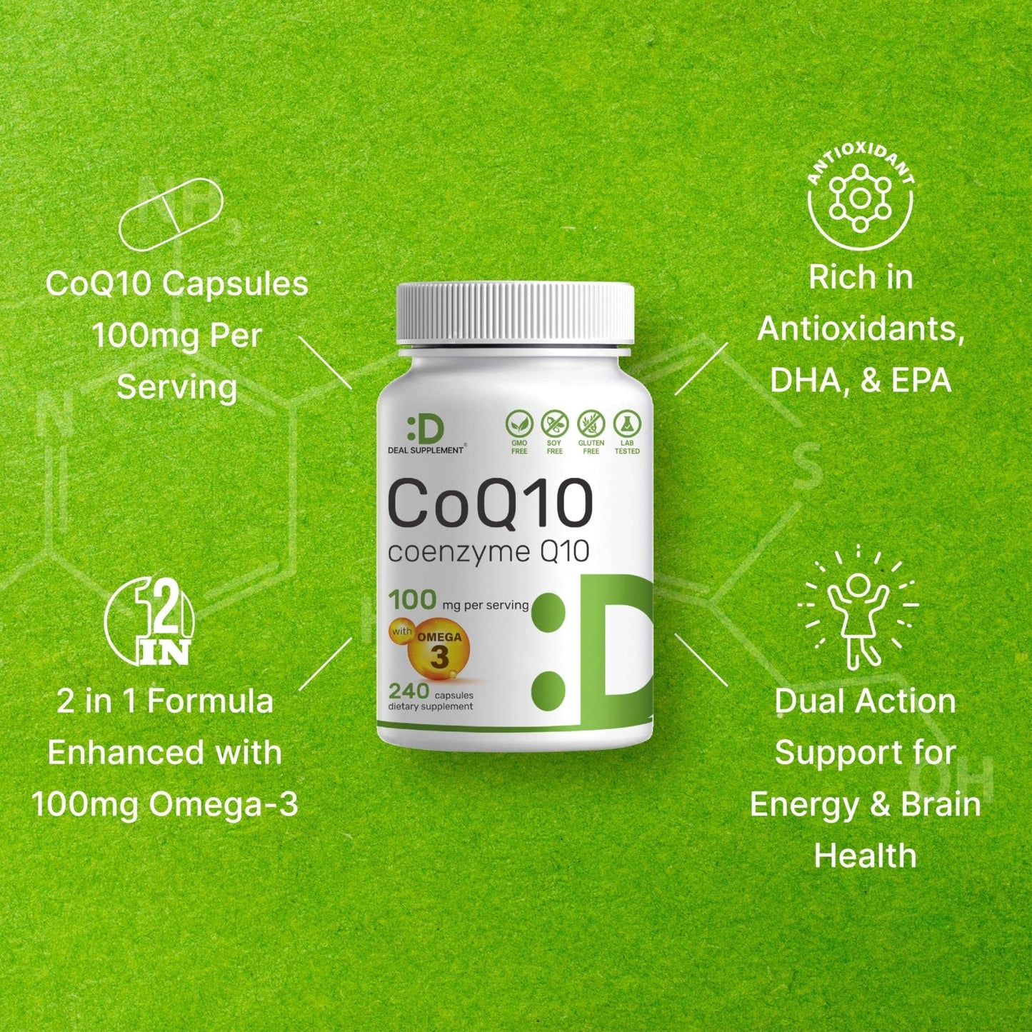 DEAL SUPPLEMENT CoQ10 100mg with Omega 3 100mg, 240 Capsules | Bioavailable Coenzyme Q10 Formula | Non-GMO - PrimeBioHealth - canada supplements