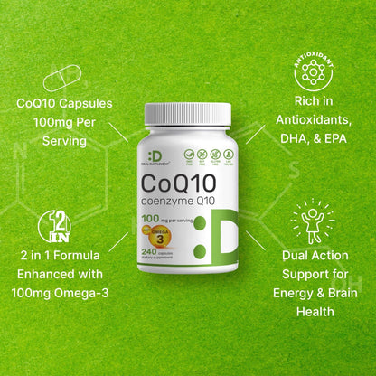 DEAL SUPPLEMENT CoQ10 100mg with Omega 3 100mg, 240 Capsules | Bioavailable Coenzyme Q10 Formula | Non-GMO - PrimeBioHealth - canada supplements