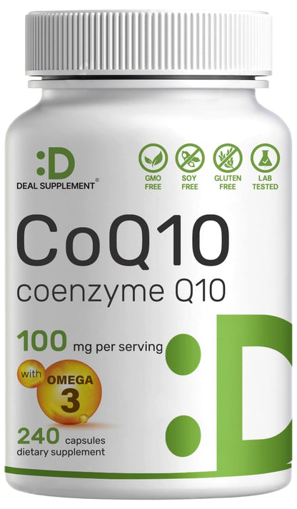 DEAL SUPPLEMENT CoQ10 100mg with Omega 3 100mg, 240 Capsules | Bioavailable Coenzyme Q10 Formula | Non-GMO - PrimeBioHealth - canada supplements