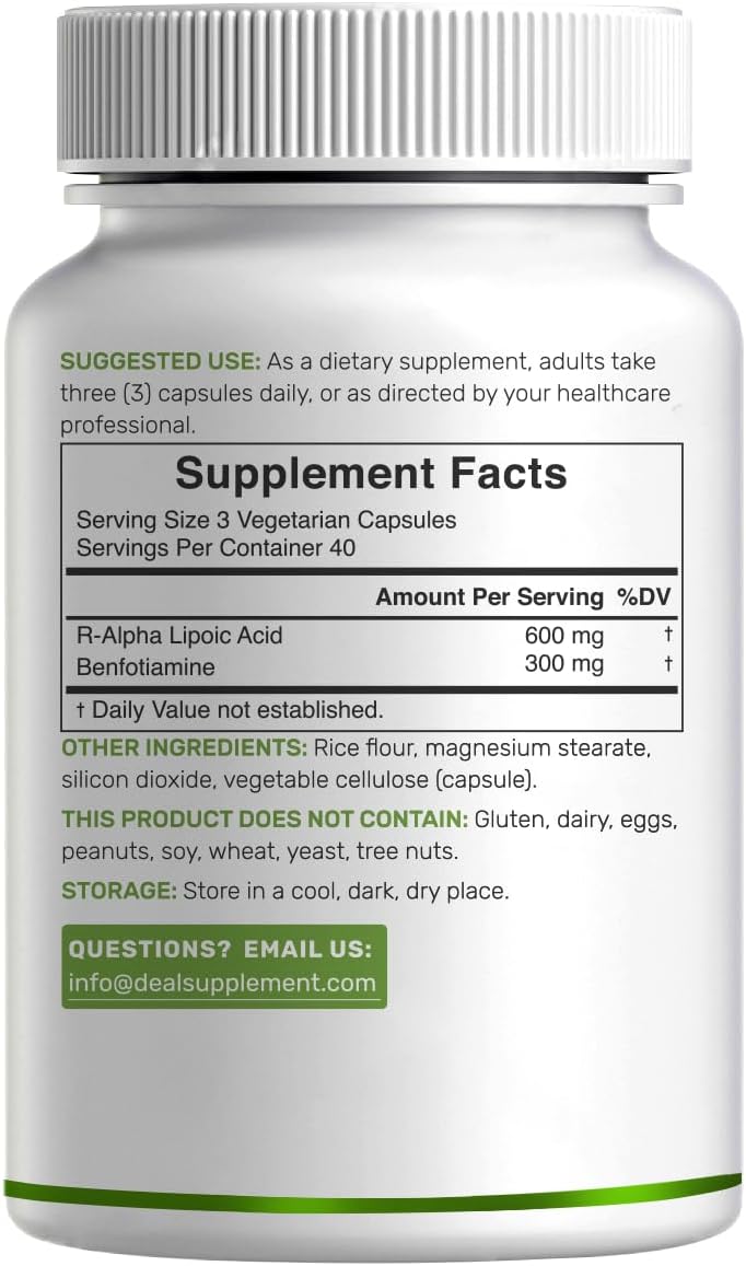 DEAL SUPPLEMENT R Alpha Lipoic Acid 600mg with Benfotiamine 300mg Per Serving, 120 Veggie Capsules – 200mg R-ALA Per Capsule – Antioxidant Supplement for Energy & Nervous System Support - PrimeBioHealth - canada supplements