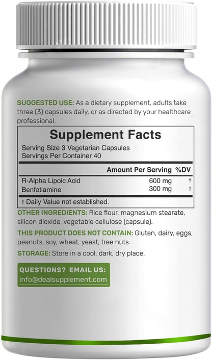 DEAL SUPPLEMENT R Alpha Lipoic Acid 600mg with Benfotiamine 300mg Per Serving, 120 Veggie Capsules – 200mg R-ALA Per Capsule – Antioxidant Supplement for Energy & Nervous System Support - PrimeBioHealth - canada supplements