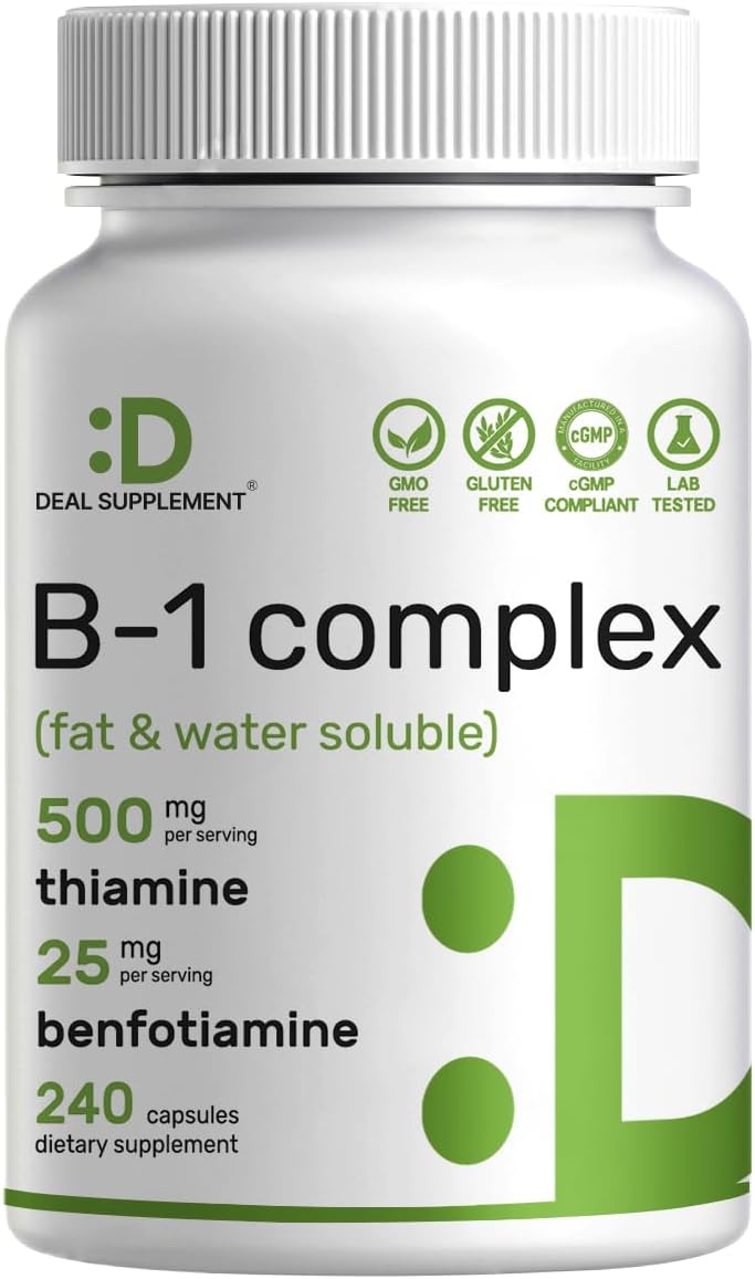 DEAL SUPPLEMENT Vitamin B1 500mg with Benfotiamine, 240 Capsules – 2 in 1 Enhanced Formula – Fat & Water Soluble Thiamine B1 Supplement – Third Party Tested, Non-GMO, No Gluten - PrimeBioHealth - canada supplements