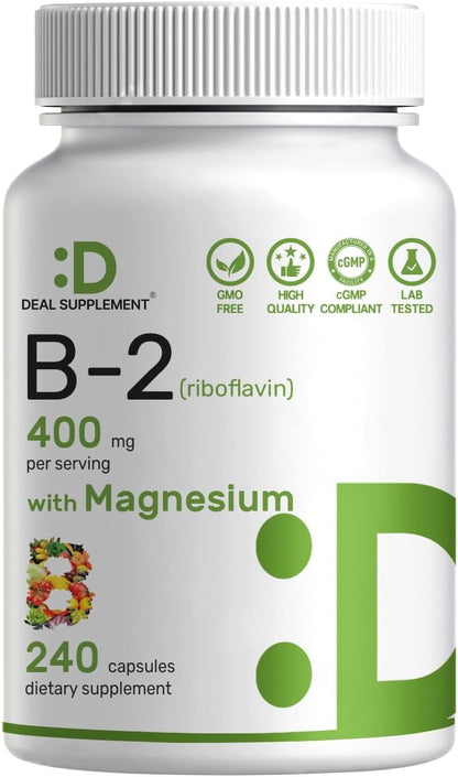 DEAL SUPPLEMENT Vitamin B2 400mg (Riboflavin) | with Magnesium Glycinate 400mg, 240 Capsules – 2 in 1 Support Healthy Nervous System, Mood, Blood & Energy Production, Non-GMO - PrimeBioHealth - canada supplements