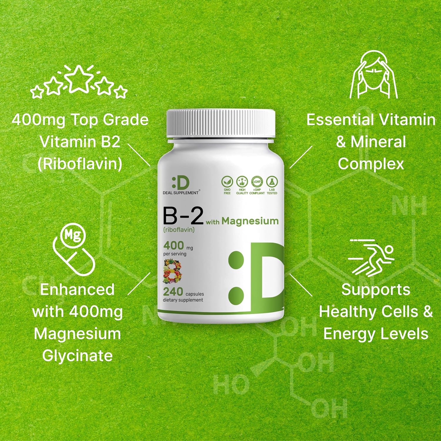 DEAL SUPPLEMENT Vitamin B2 400mg (Riboflavin) | with Magnesium Glycinate 400mg, 240 Capsules – 2 in 1 Support Healthy Nervous System, Mood, Blood & Energy Production, Non-GMO - PrimeBioHealth - canada supplements