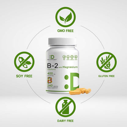 DEAL SUPPLEMENT Vitamin B2 400mg (Riboflavin) | with Magnesium Glycinate 400mg, 240 Capsules – 2 in 1 Support Healthy Nervous System, Mood, Blood & Energy Production, Non-GMO - PrimeBioHealth - canada supplements