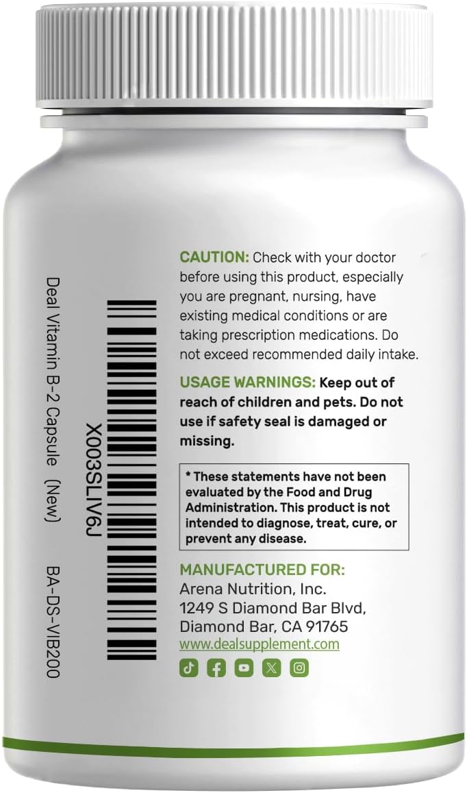 DEAL SUPPLEMENT Vitamin B2 400mg (Riboflavin) | with Magnesium Glycinate 400mg, 240 Capsules – 2 in 1 Support Healthy Nervous System, Mood, Blood & Energy Production, Non-GMO - PrimeBioHealth - canada supplements