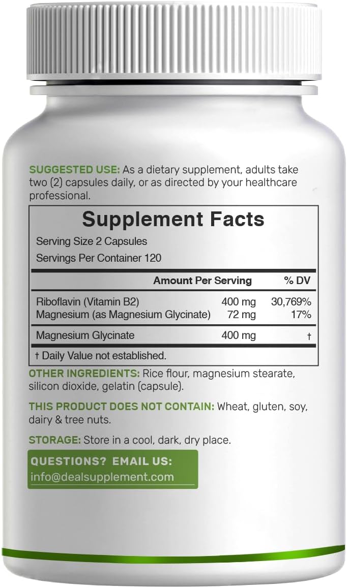 DEAL SUPPLEMENT Vitamin B2 400mg (Riboflavin) | with Magnesium Glycinate 400mg, 240 Capsules – 2 in 1 Support Healthy Nervous System, Mood, Blood & Energy Production, Non-GMO - PrimeBioHealth - canada supplements