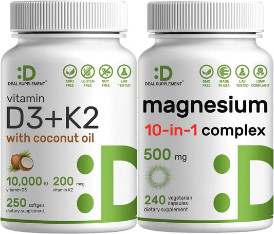 DEAL SUPPLEMENT Vitamin D3 10,000iu + K2 200mcg Softgels & Magnesium Complex Veggie Capsules Bundle – Essential Sunshine Vitamins with Coconut Oil – High Absorption Chelated Minerals, 10-in-1 - PrimeBioHealth - canada supplements