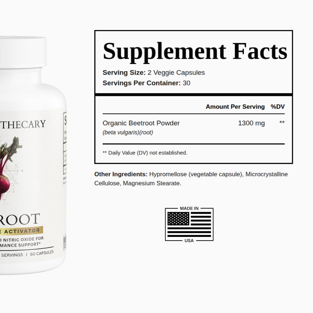 Dear Apothecary Organic Beetroot Capsules | 1300mg Beet Root Powder | Nitric Oxide Precursor | 60 Vegetarian Capsules | Non-GMO, Gluten Free, Vegan - PrimeBioHealth - canada supplements