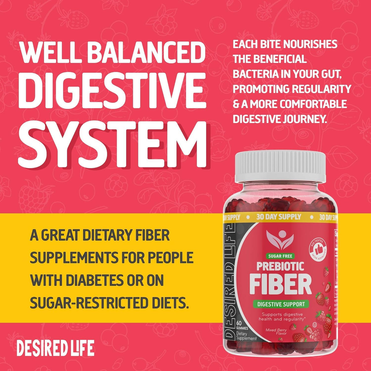 Desired Life Prebiotic Fiber Gummies for Adults and Kids – 4g Sugar Free Natural Berry Flavored Gummies - Supports Digestive Health - PrimeBioHealth - canada supplements