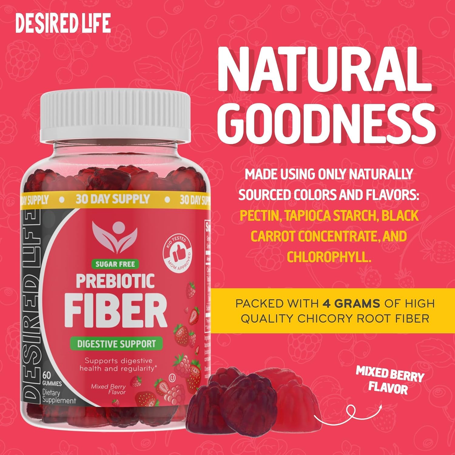 Desired Life Prebiotic Fiber Gummies for Adults and Kids – 4g Sugar Free Natural Berry Flavored Gummies - Supports Digestive Health - PrimeBioHealth - canada supplements