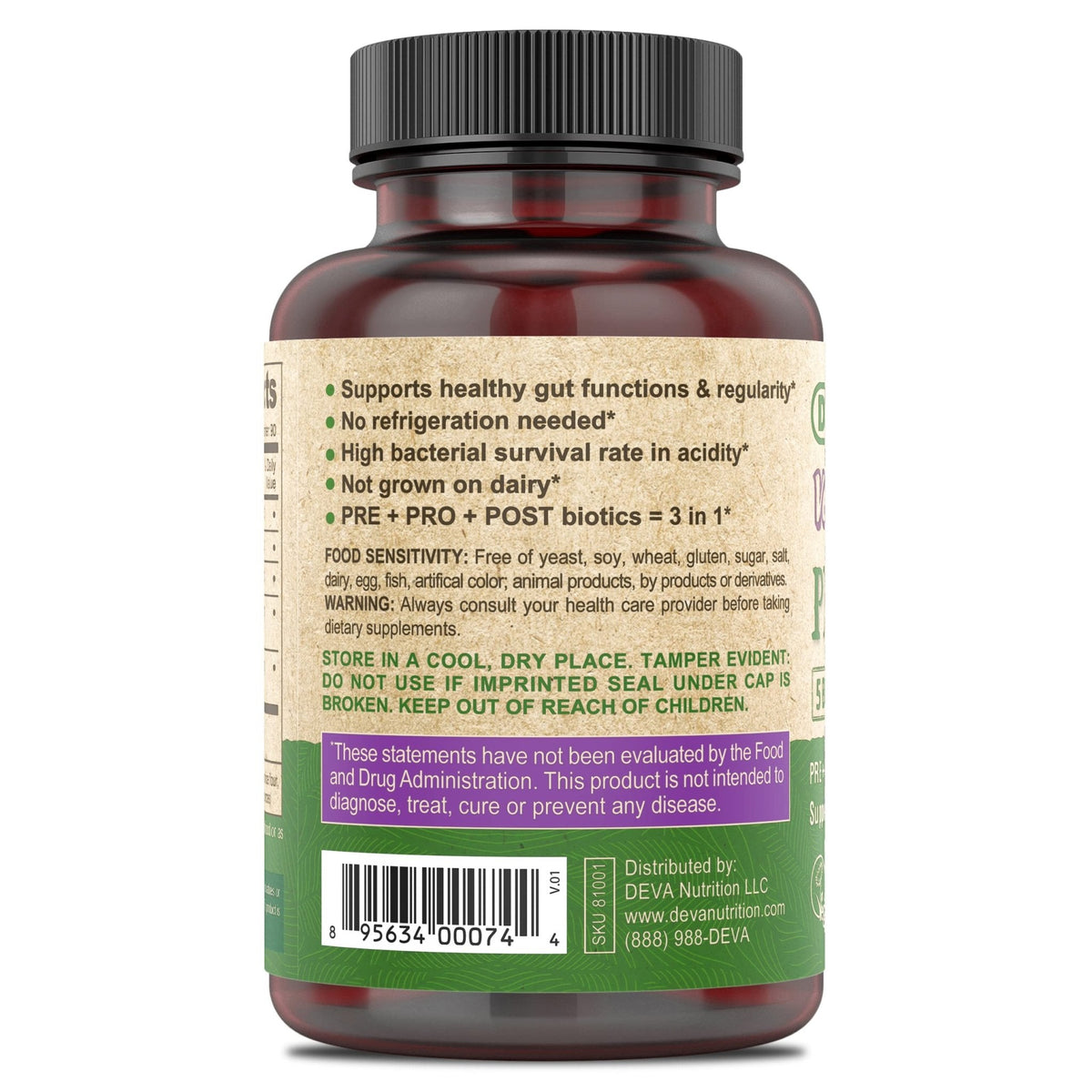 DEVA Vegan Probiotic Supplement - Pre, Pro, and Postbiotics for Digestive Health, 5 Billion CFU, Soil-Based, Spore-Forming, Dairy Free, FOS Prebiotics - PrimeBioHealth - canada supplements