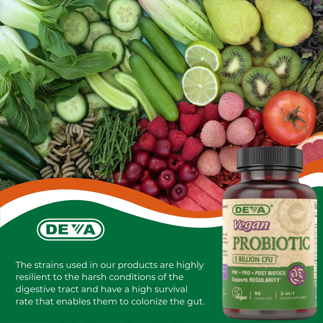 DEVA Vegan Probiotic Supplement - Pre, Pro, and Postbiotics for Digestive Health, 5 Billion CFU, Soil-Based, Spore-Forming, Dairy Free, FOS Prebiotics - PrimeBioHealth - canada supplements