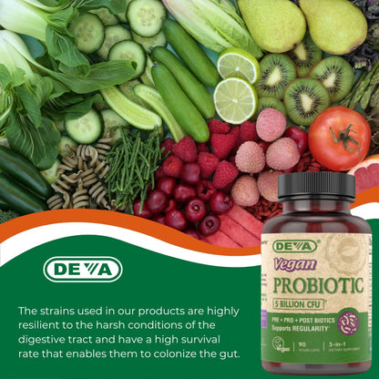 DEVA Vegan Probiotic Supplement - Pre, Pro, and Postbiotics for Digestive Health, 5 Billion CFU, Soil-Based, Spore-Forming, Dairy Free, FOS Prebiotics - PrimeBioHealth - canada supplements