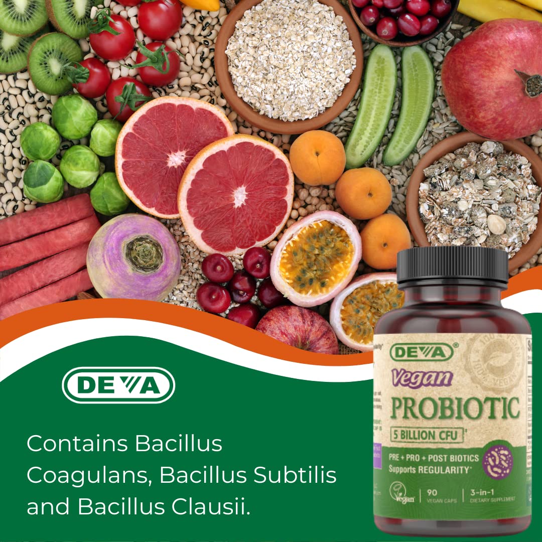 DEVA Vegan Probiotic Supplement - Pre, Pro, and Postbiotics for Digestive Health, 5 Billion CFU, Soil-Based, Spore-Forming, Dairy Free, FOS Prebiotics - PrimeBioHealth - canada supplements