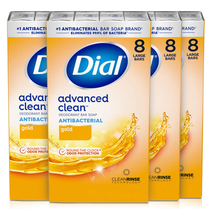 Dial Antibacterial Deodorant Bar Soap, Advanced Clean Gold, 4 Oz, 32 Bars, Round the Clock Odor Protection - PrimeBioHealth - canada supplements