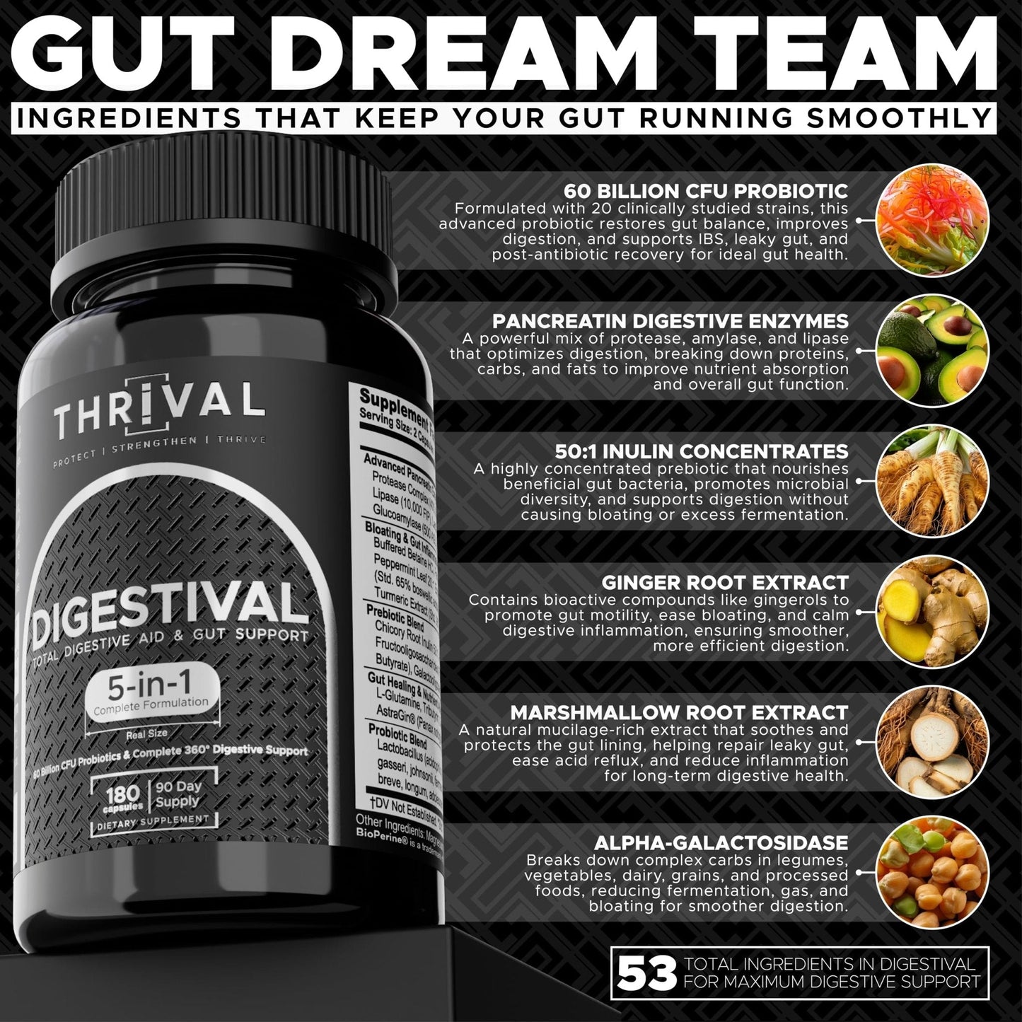 DIGESTIVAL 5-in-1 Gut Health Formula: Probiotics, Prebiotics, Enzymes, Gut Healing & Bloat Relief with 53 Ingredients, 60 Billion CFU, and Advanced Support for IBS, - PrimeBioHealth - canada supplements