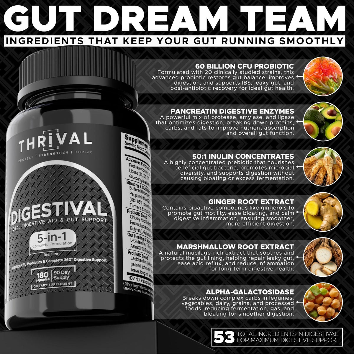 DIGESTIVAL 5-in-1 Gut Health Formula: Probiotics, Prebiotics, Enzymes, Gut Healing & Bloat Relief with 53 Ingredients, 60 Billion CFU, and Advanced Support for IBS, - PrimeBioHealth - canada supplements