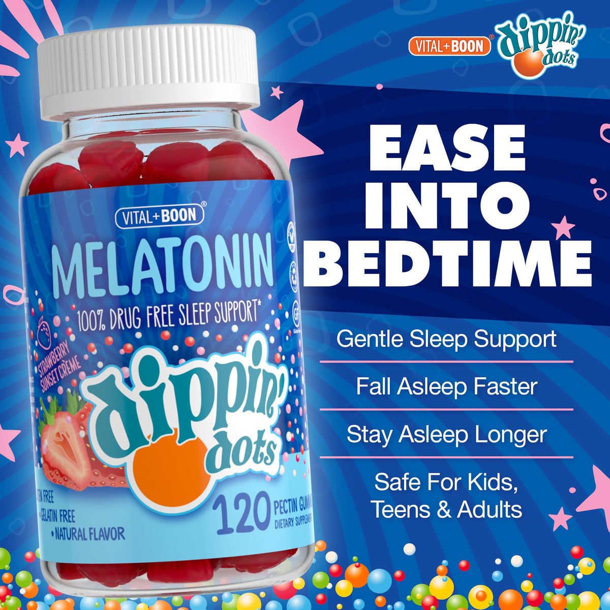 Dippin Dots - Melatonin Gummies for Kids & Adults (60 Days Supply) Strawberry Sunset Creme Flavor | 2.5mg Per Kids Melatonin Supplement for Faster, - PrimeBioHealth - canada supplements