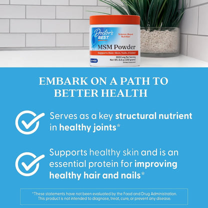 Doctor's Best MSM Powder Supplement for Men & Women - Supports Hair, Skin, Nails, Joint Health, & Mobility, Delivers Beneficial Sulfur with OptiMSM, Gluten Free, Soy Free, Non GMO, Vegan - 8.8 oz - PrimeBioHealth - canada supplements