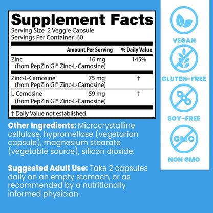 Doctor's Best PepZin GI, Zinc-L-Carnosine Complex for Men & Women - Zinc Carnosine Supplement Caps for Gut Health, Digestive Support, & Stomach Comfort, Vegan, Gluten Free - 120 Veg Capsules - PrimeBioHealth - canada supplements