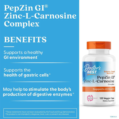 Doctor's Best PepZin GI, Zinc-L-Carnosine Complex for Men & Women - Zinc Carnosine Supplement Caps for Gut Health, Digestive Support, & Stomach Comfort, Vegan, Gluten Free - 120 Veg Capsules - PrimeBioHealth - canada supplements