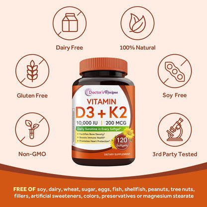 Doctor's Recipes Vitamin D3 K2, 10,000 IU, 200 mcg, MK-7, Strong Bone Density, Teeth, Immune, Heart Support, Energy, Calcium Absorption, - PrimeBioHealth - canada supplements
