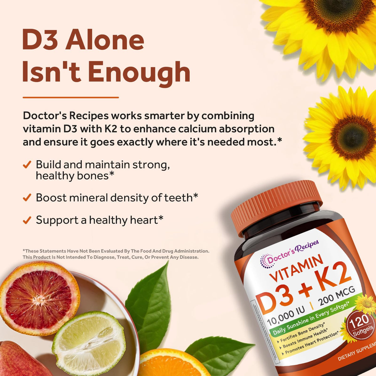 Doctor's Recipes Vitamin D3 K2, 10,000 IU, 200 mcg, MK-7, Strong Bone Density, Teeth, Immune, Heart Support, Energy, Calcium Absorption, - PrimeBioHealth - canada supplements