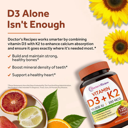 Doctor's Recipes Vitamin D3 K2, 10,000 IU, 200 mcg, MK-7, Strong Bone Density, Teeth, Immune, Heart Support, Energy, Calcium Absorption, - PrimeBioHealth - canada supplements