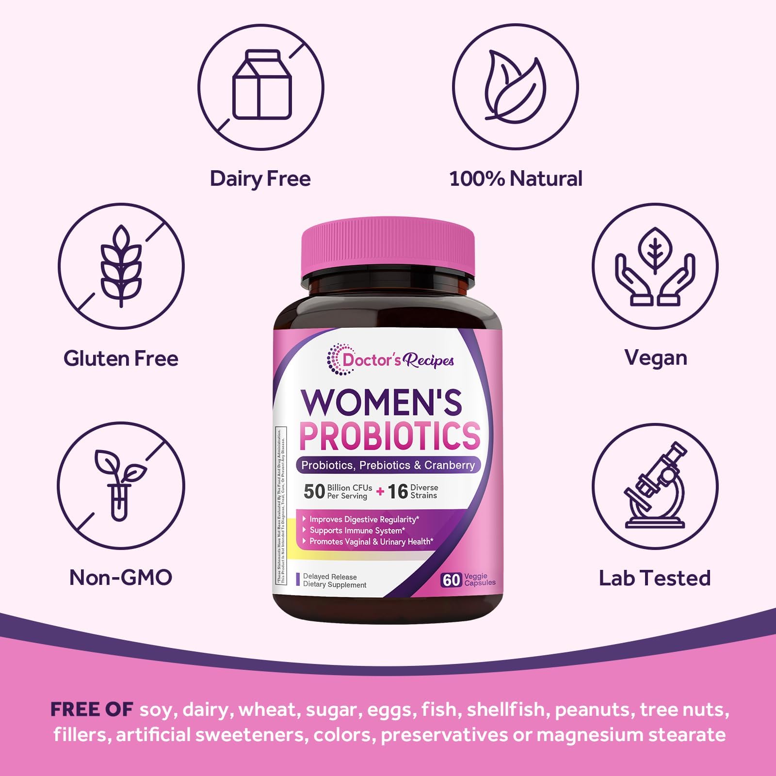 Doctor's Recipes Women's Probiotic, 60 Caps 50 Billion CFU 16 Strains, with Organic Cranberry, Digestive Immune Vaginal & Urinary Health, Shelf Stable - PrimeBioHealth - canada supplements