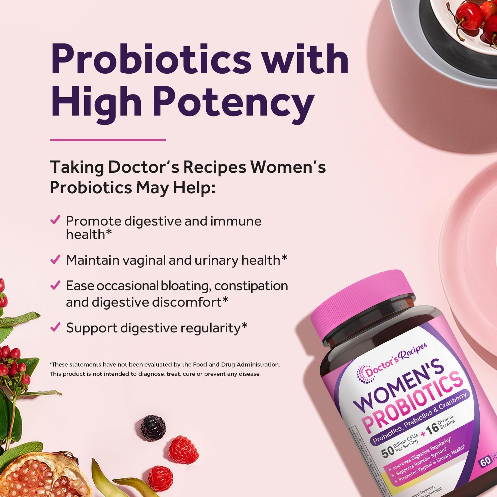 Doctor's Recipes Women's Probiotic, 60 Caps 50 Billion CFU 16 Strains, with Organic Cranberry, Digestive Immune Vaginal & Urinary Health, Shelf Stable - PrimeBioHealth - canada supplements