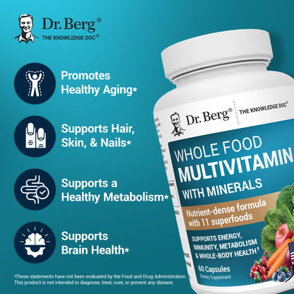 Dr. Berg Whole Food Multivitamin with Minerals - Daily Multivitamin for Men and Women - Includes Premium Whole Food Fruits and Vegetable Blend with Folate - PrimeBioHealth - canada supplements