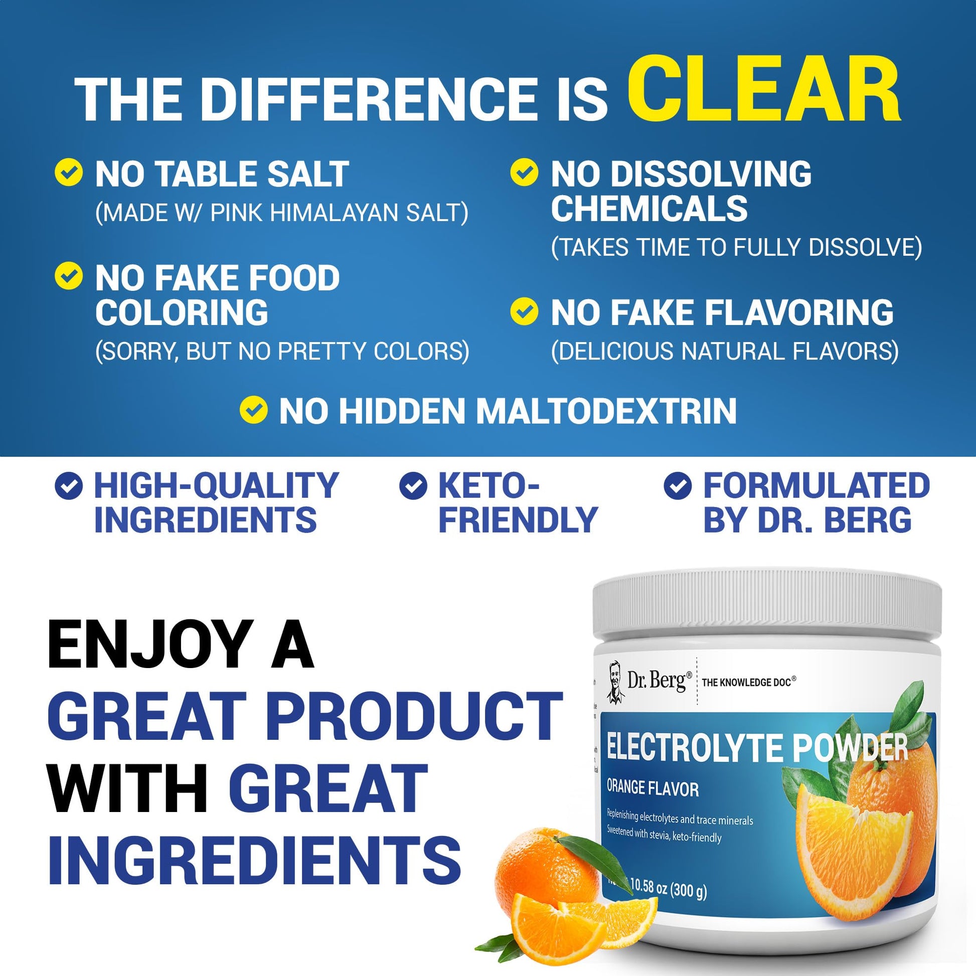 Dr. Berg Zero Sugar Hydration Keto Electrolyte Powder - Enhanced w/ 1000 mg of Potassium & Real Pink Himalayan Salt (NOT Table Salt) - Orange Flavor Hydration Drink Mix Supplement - 50 Servings - PrimeBioHealth - canada supplements