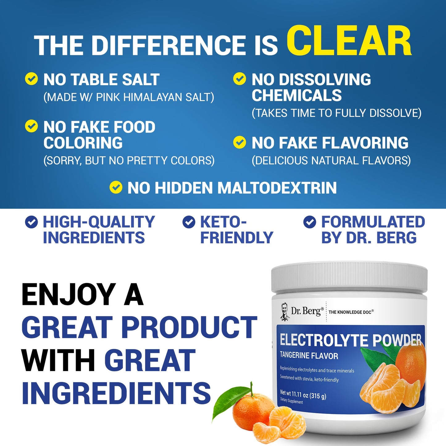 Dr. Berg Zero Sugar Hydration Keto Electrolyte Powder - Enhanced w/ 1000 mg of Potassium & Real Pink Himalayan Salt (NOT Table Salt) - Tangerine Flavor Hydration Drink Mix Supplement - 50 Servings - PrimeBioHealth - canada supplements