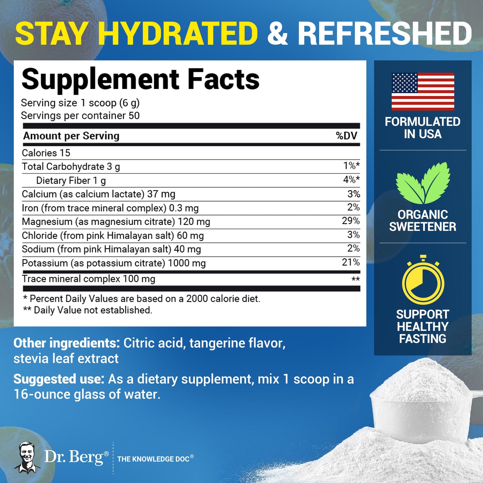 Dr. Berg Zero Sugar Hydration Keto Electrolyte Powder - Enhanced w/ 1000 mg of Potassium & Real Pink Himalayan Salt (NOT Table Salt) - Tangerine Flavor Hydration Drink Mix Supplement - 50 Servings - PrimeBioHealth - canada supplements