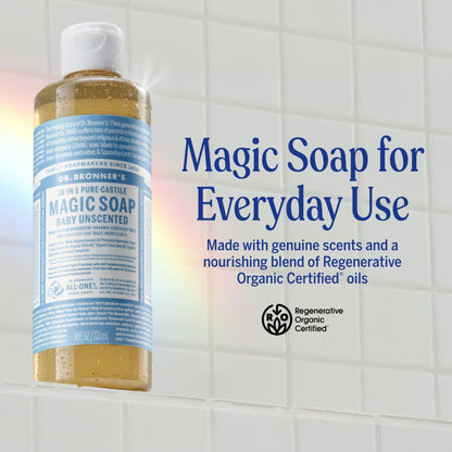 Dr. Bronner's Pure-Castile Magic Liquid Soap (Baby Unscented, 8 Ounce)- Made with Regenerative Organic Certified Oils, For Face - PrimeBioHealth - canada supplements