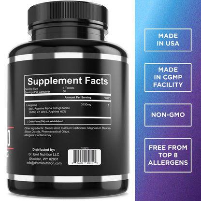 Dr. Emil - L Arginine (3150mg) Highest Capsule Dose - Nitric Oxide Supplement for Vascularity, Endurance and Heart Health - PrimeBioHealth - canada supplements